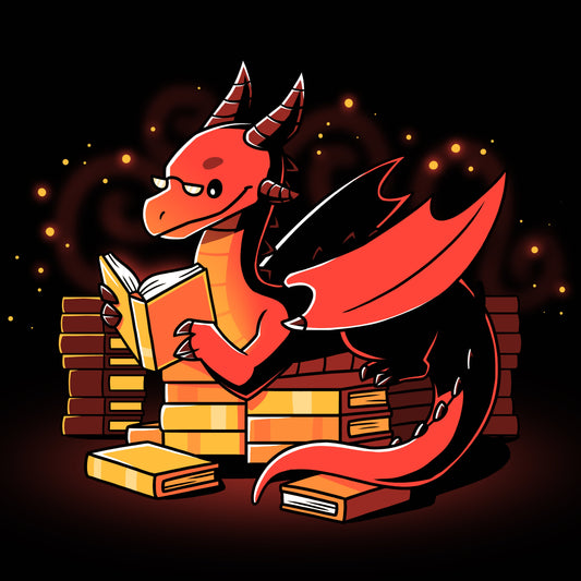 Premium Cotton T-shirt _TeeTurtle Book Hoarder black t-shirt featuring a red dragon with horns and wings, reading a book while sitting among piles of books against a dark background with glowing embers.