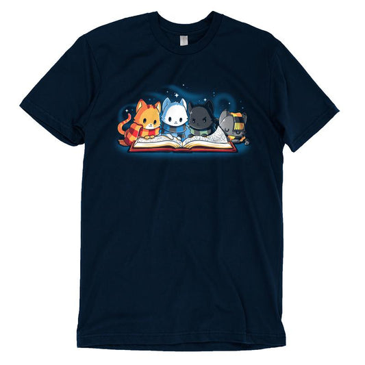 Premium Cotton T-shirt_TeeTurtle navy blue Books Are Magic. Featuring a cat with a red and yellow scarf, a cat with a blue and black scarf, a cat with a green and black scarf, and a cat with a yellow and black scarf reading the same book together.