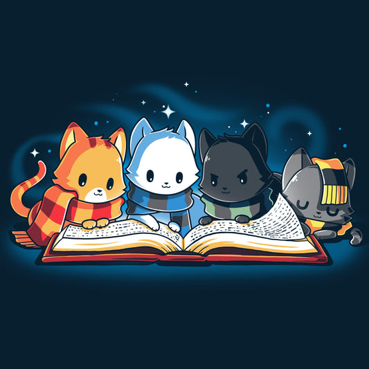 Premium Cotton T-shirt_TeeTurtle navy blue Books Are Magic. Featuring a cat with a red and yellow scarf, a cat with a blue and black scarf, a cat with a green and black scarf, and a cat with a yellow and black scarf reading the same book together.