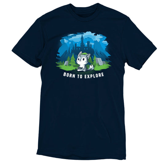 Premium Cotton T-shirt_TeeTurtle navy blue Born to Explore. Featuring a wolf in a video game cosplay outfit playing a video game with a fantasy background.