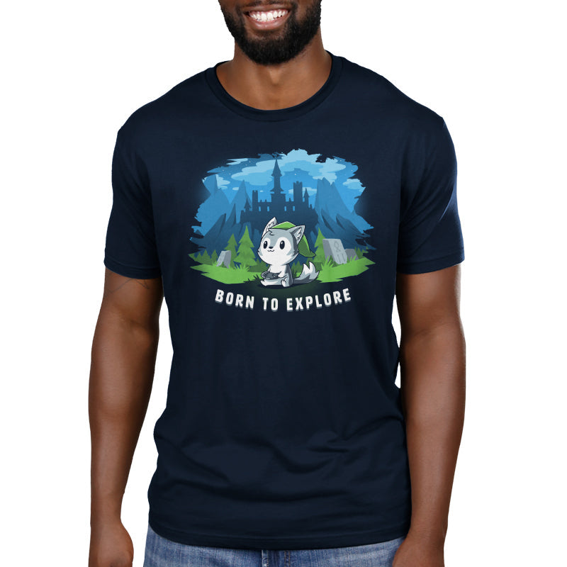 Premium Cotton T-shirt_TeeTurtle navy blue Born to Explore. Featuring a wolf in a video game cosplay outfit playing a video game with a fantasy background.