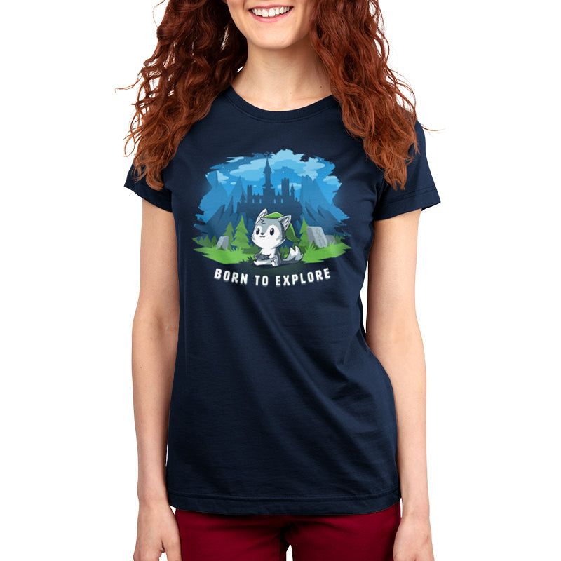 Premium Cotton T-shirt_TeeTurtle navy blue Born to Explore. Featuring a wolf in a video game cosplay outfit playing a video game with a fantasy background.