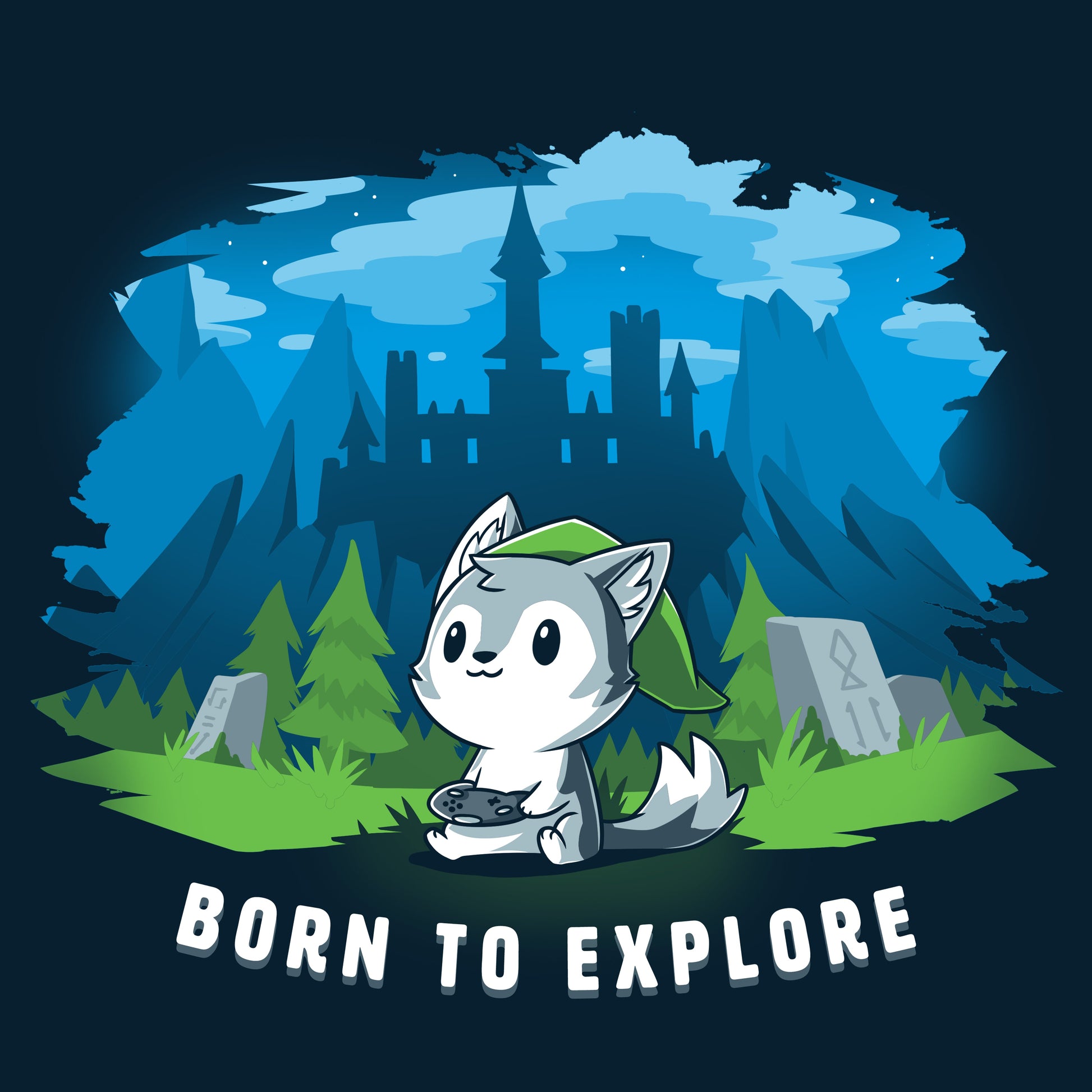 Premium Cotton T-shirt_TeeTurtle navy blue Born to Explore. Featuring a wolf in a video game cosplay outfit playing a video game with a fantasy background.