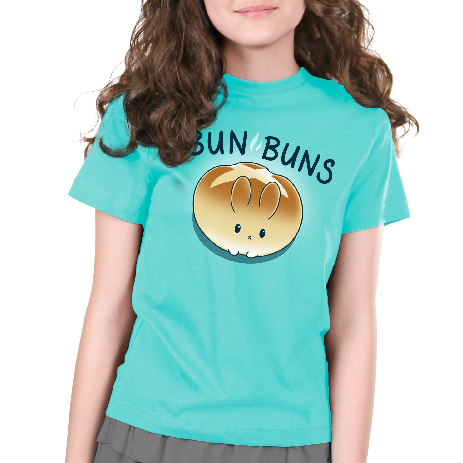 Premium Cotton T-shirt_Teeturtle Bun Buns caribbean blue t-shirt featuring a round, golden-brown bread bun with a cute bunny face and ears, set against a teal background with the text "BUN BUNS" above it.