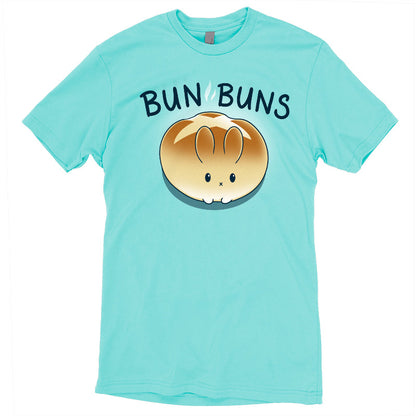 Premium Cotton T-shirt_Teeturtle Bun Buns caribbean blue t-shirt featuring a round, golden-brown bread bun with a cute bunny face and ears, set against a teal background with the text "BUN BUNS" above it.