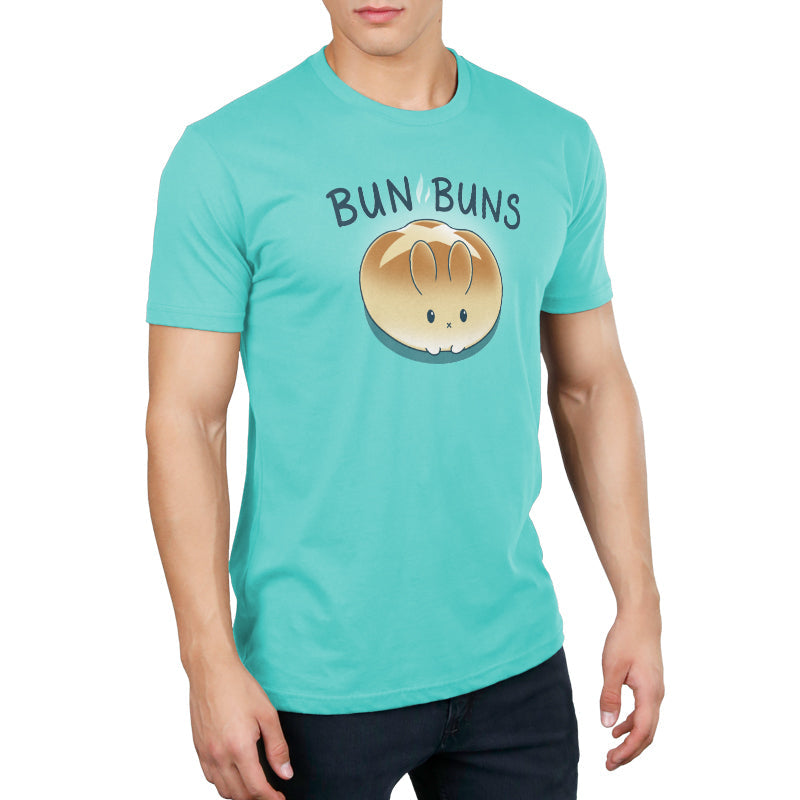 Premium Cotton T-shirt_Teeturtle Bun Buns caribbean blue t-shirt featuring a round, golden-brown bread bun with a cute bunny face and ears, set against a teal background with the text "BUN BUNS" above it.