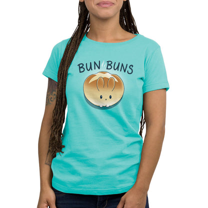 Premium Cotton T-shirt_Teeturtle Bun Buns caribbean blue t-shirt featuring a round, golden-brown bread bun with a cute bunny face and ears, set against a teal background with the text "BUN BUNS" above it.