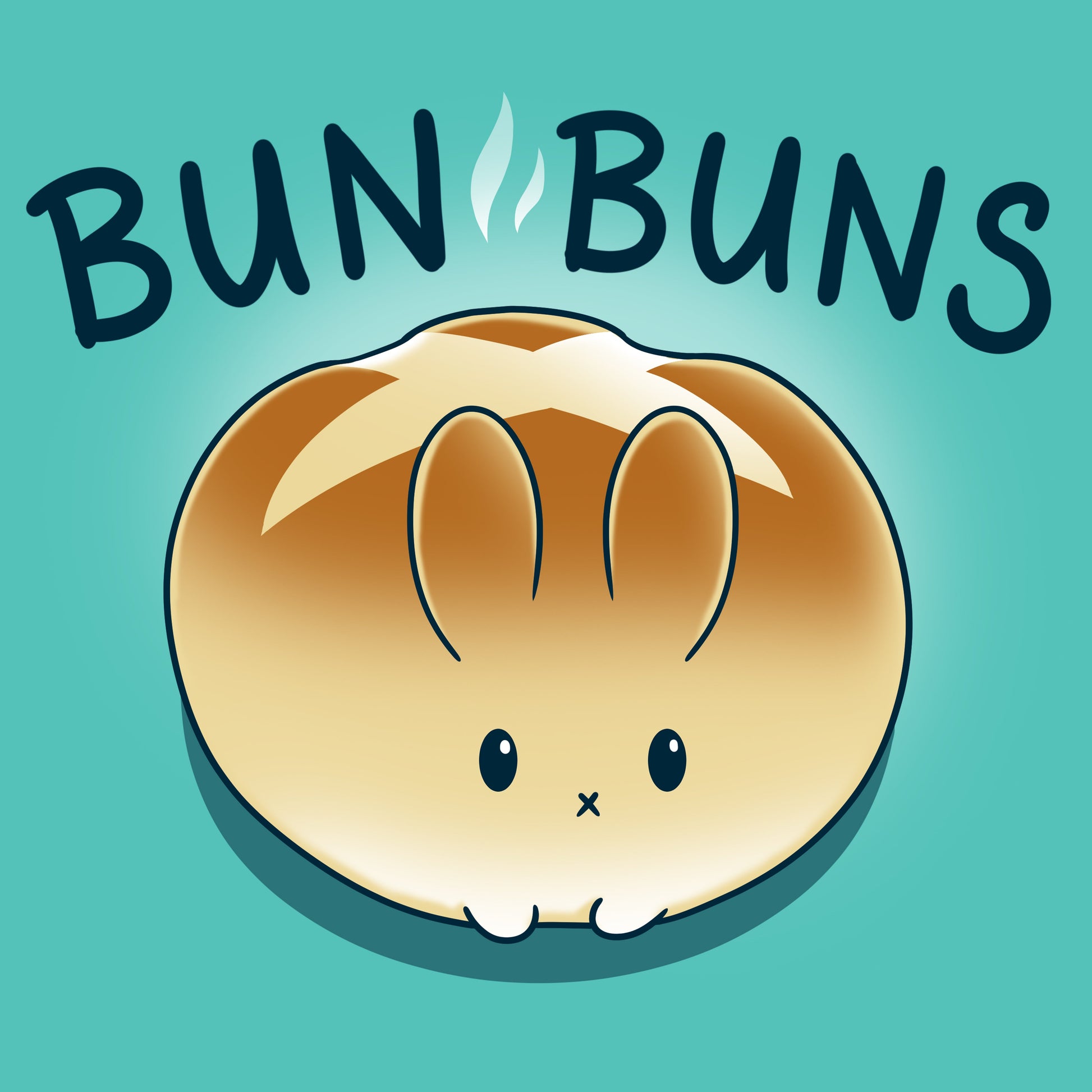 Premium Cotton T-shirt_Teeturtle Bun Buns caribbean blue t-shirt featuring a round, golden-brown bread bun with a cute bunny face and ears, set against a teal background with the text "BUN BUNS" above it.