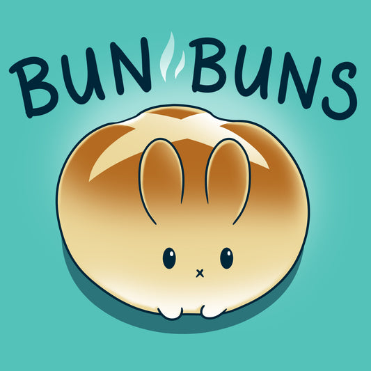 Premium Cotton T-shirt_Teeturtle Bun Buns caribbean blue t-shirt featuring a round, golden-brown bread bun with a cute bunny face and ears, set against a teal background with the text 