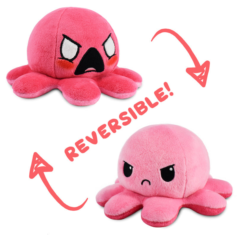 Two TeeTurtle reversible octopus plushies showcasing different moods, popularized on TikTok.