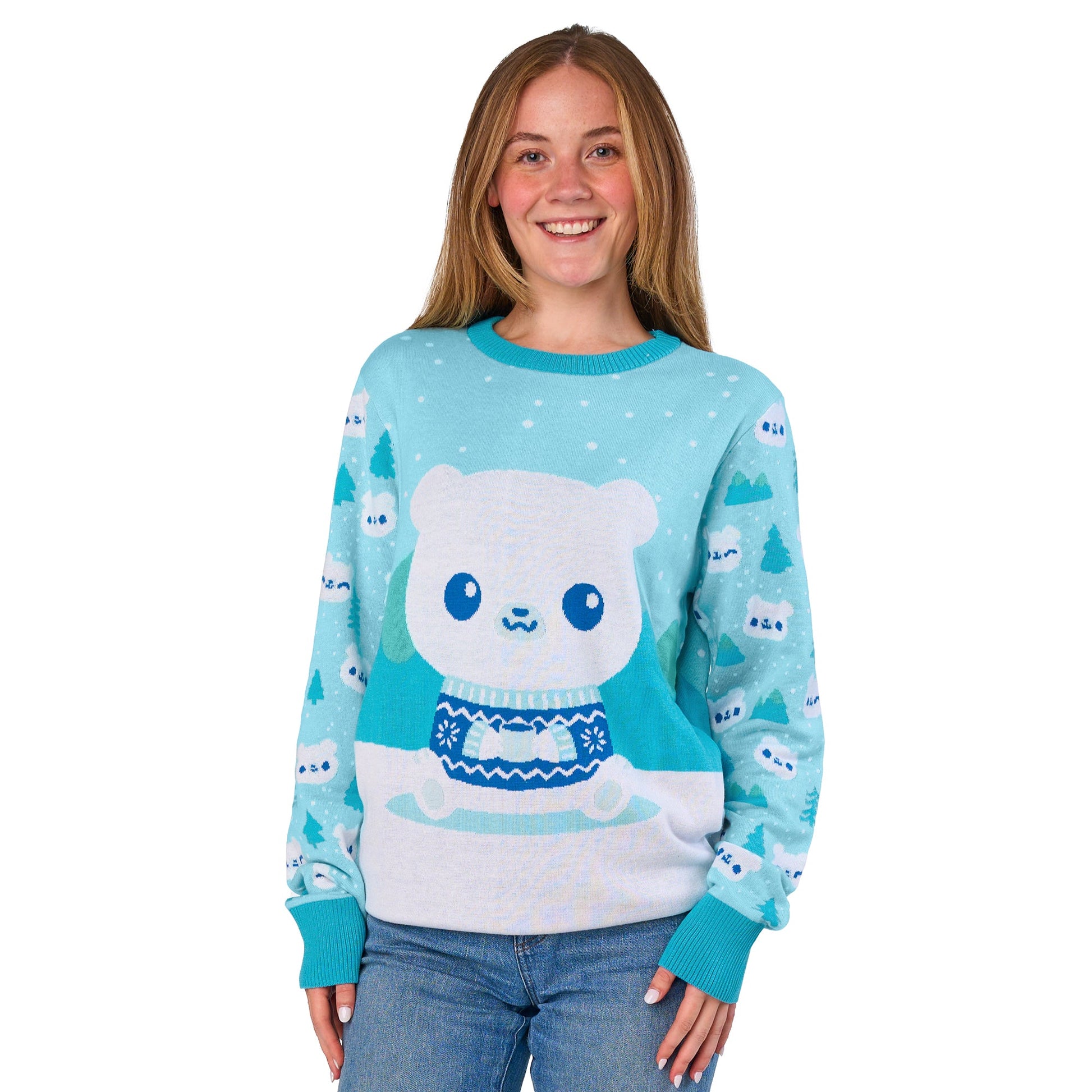 Knit Sweater_TeeTurtle Cozy Polar Bear Sweater apparel featuring a polar bear wearing a sweater sitting in snow.