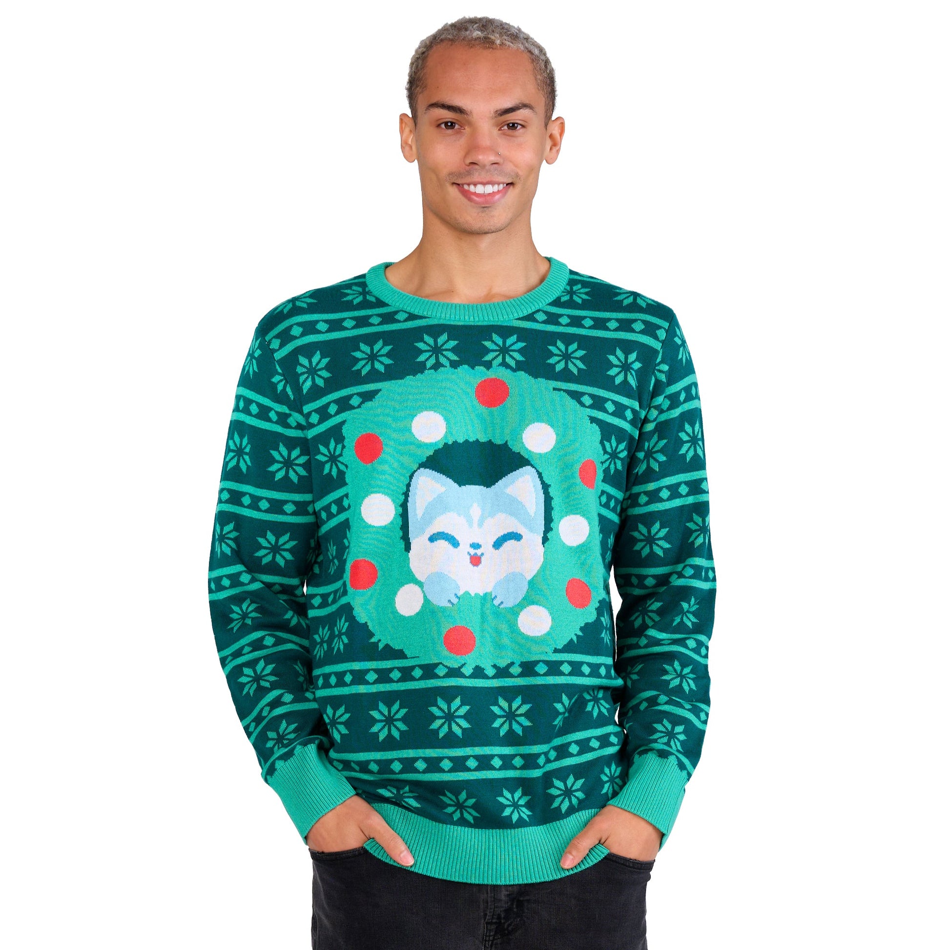 Knit Sweater_TeeTurtle Holiday Husky Sweater apparel featuring a husky peeking out of a holiday wreath.