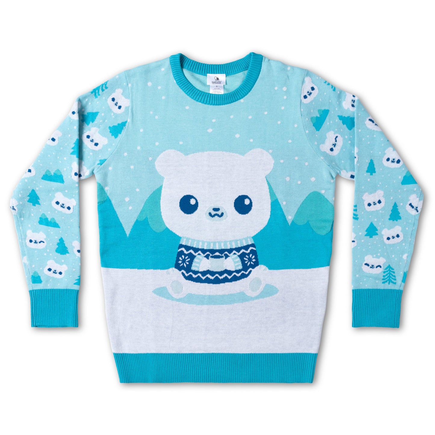 Knit Sweater_TeeTurtle Cozy Polar Bear Sweater apparel featuring a polar bear wearing a sweater sitting in snow.