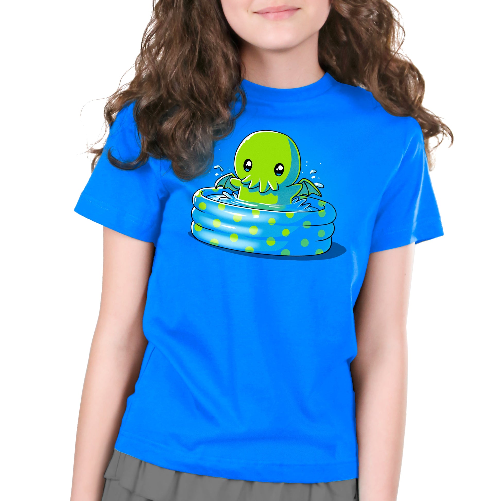 Premium Cotton T-shirt_TeeTurtle royal blue Call of the Kiddie Pool. Featuring a chibi Cthulhu in a blue kidde pool with green polka dots.