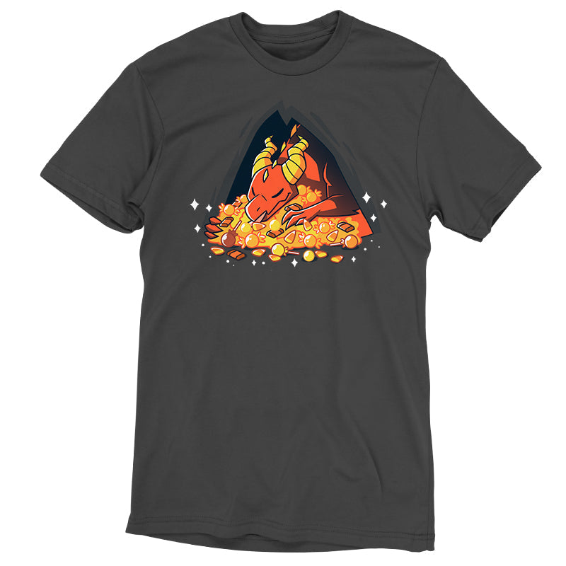 Premium Cotton T-shirt_TeeTurtle Candy Hoarder charcoal gray t-shirt featuring a dragon sleeping on its hoard of Halloween candy