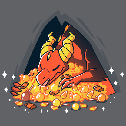 Premium Cotton T-shirt_TeeTurtle Candy Hoarder charcoal gray t-shirt featuring a dragon sleeping on its hoard of Halloween candy