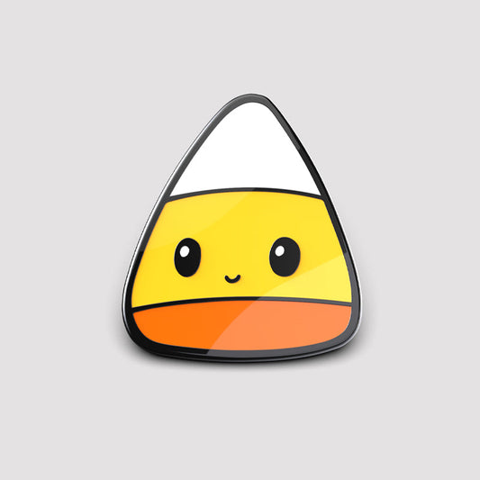 A cute TeeTurtle Candy Corn Pin on a white background.