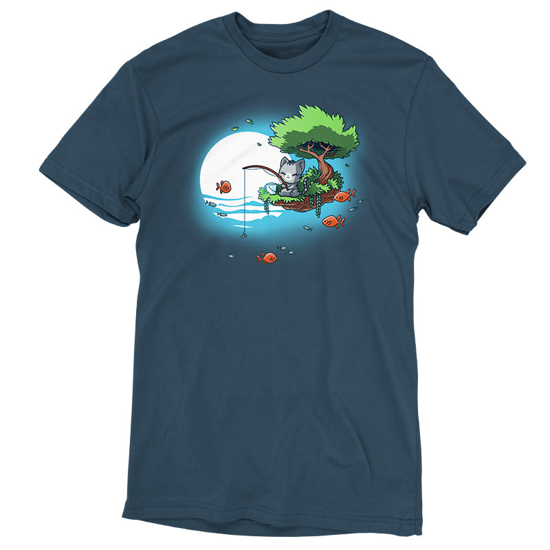 Premium Cotton T-shirt_TeeTurtle Cat Fishing denim blue t-shirt featuring a cat sitting tree branch over water, fishing with a rod. 