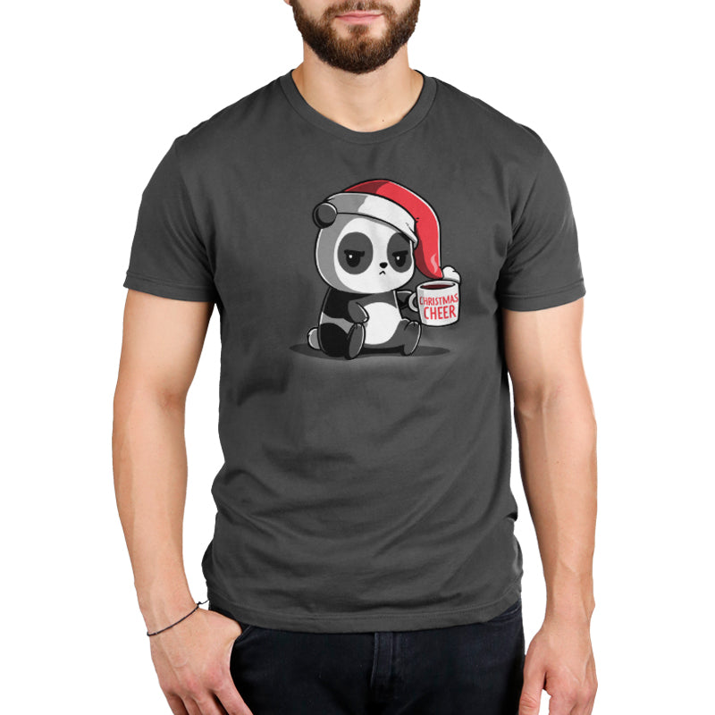 Premium Cotton T-shirt_TeeTurtle Christmas Cheer charcoal gray t-shirt featuring a panda wearing a Santa hat and holding a mug.
