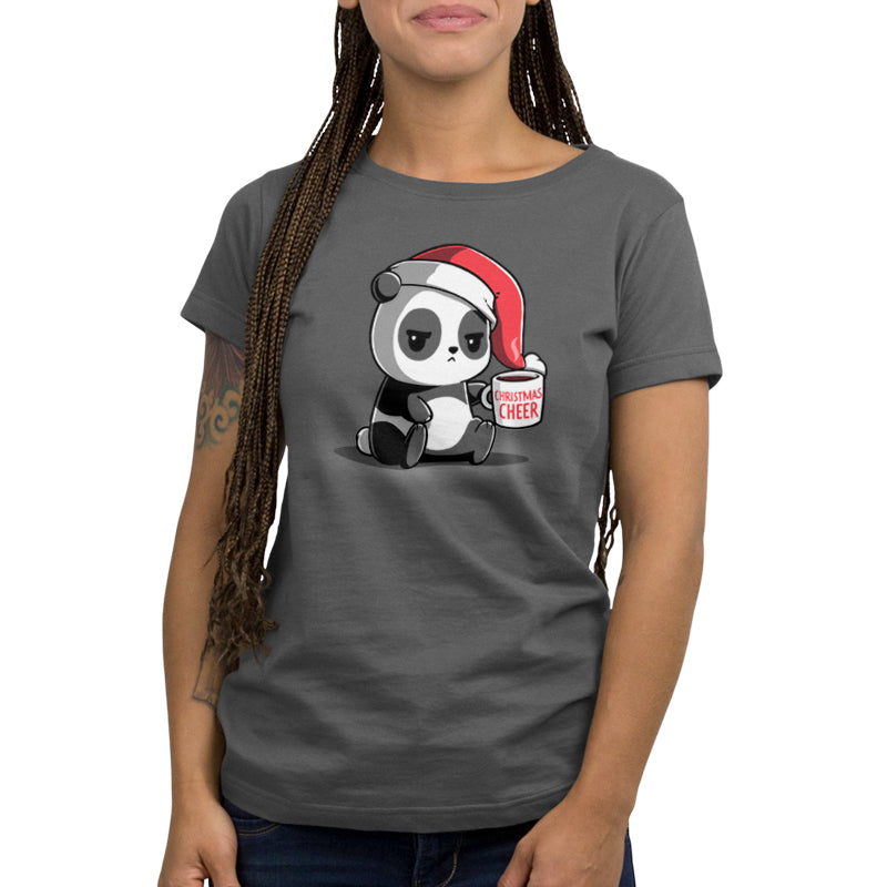 Premium Cotton T-shirt_TeeTurtle Christmas Cheer charcoal gray t-shirt featuring a panda wearing a Santa hat and holding a mug.
