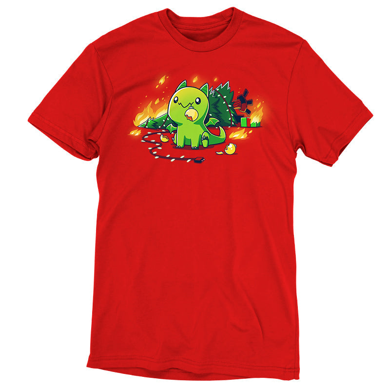 Premium Cotton T-shirt_TeeTurtle Christmas Dragon red t-shirt featuring a cute green dragon with a broken ornament hanging from its mouth and a Christmas tree on fire behind it.