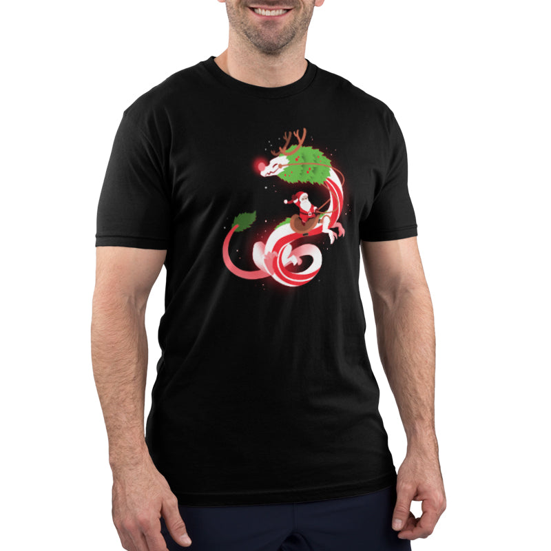 Premium Cotton T-shirt_TeeTurtle Christmas Dragon V2 Black t-shirt featuring an artistic candy cane dragon with a glowing nose and Santa riding on the back.