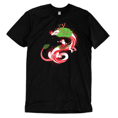 Premium Cotton T-shirt_TeeTurtle Christmas Dragon V2 Black t-shirt featuring an artistic candy cane dragon with a glowing nose and Santa riding on the back.