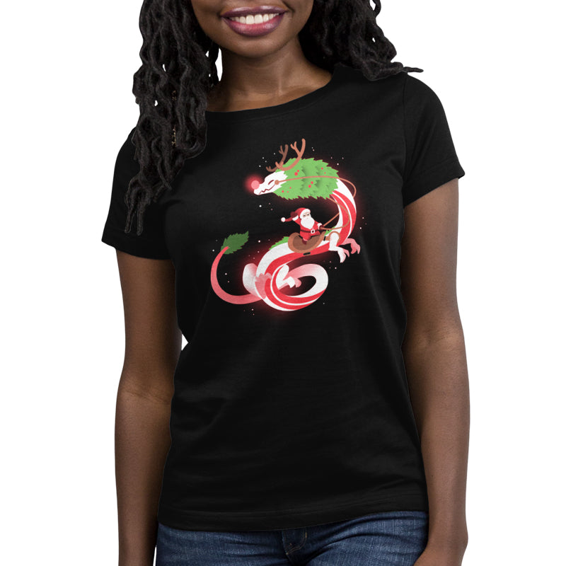 Premium Cotton T-shirt_TeeTurtle Christmas Dragon V2 Black t-shirt featuring an artistic candy cane dragon with a glowing nose and Santa riding on the back.