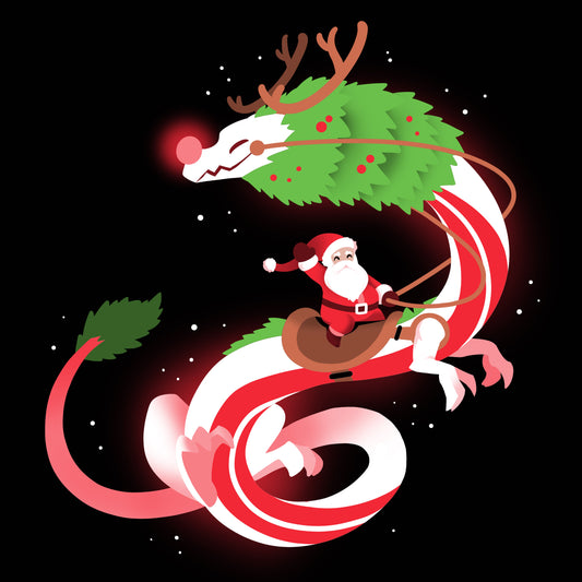 Premium Cotton T-shirt_TeeTurtle Christmas Dragon V2 Black t-shirt featuring an artistic candy cane dragon with a glowing nose and Santa riding on the back.