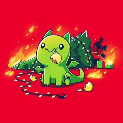 Premium Cotton T-shirt_TeeTurtle Christmas Dragon red t-shirt featuring a cute green dragon with a broken ornament hanging from its mouth and a Christmas tree on fire behind it.