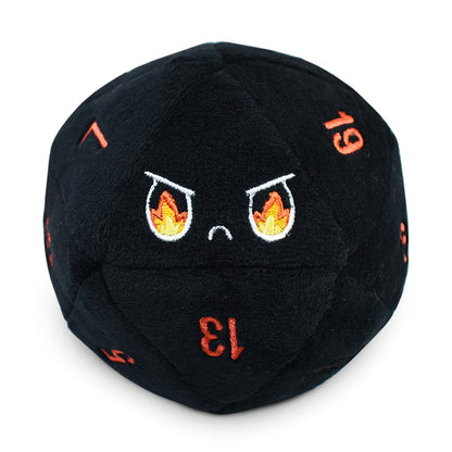 A black TeeTurtle D20 Plushie with flames on it, perfect for your next RPG session and guaranteed to bring you natural 20s.