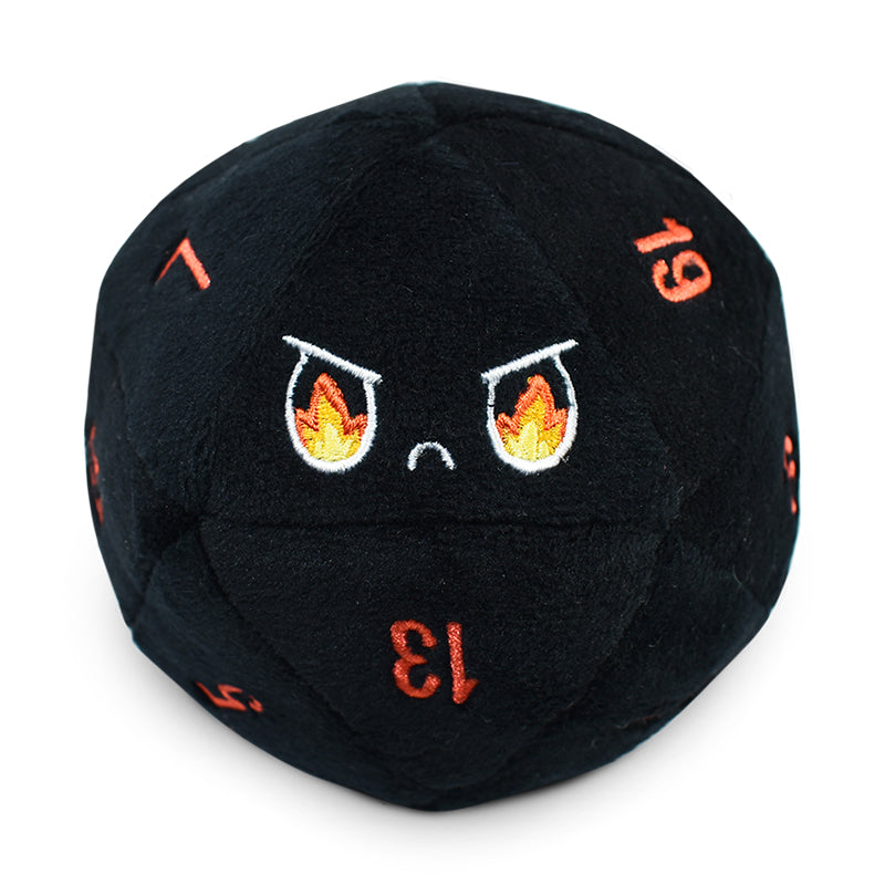 A black TeeTurtle D20 Plushie with flames on it, perfect for your next RPG session or as a collectible plushie.