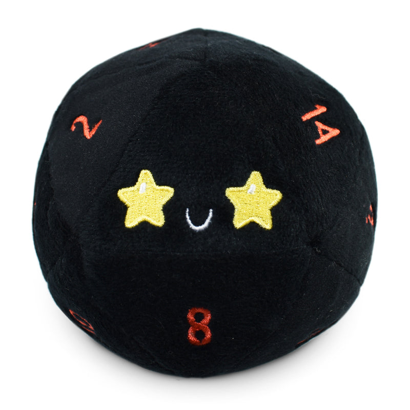 A TeeTurtle D20 Plushie, a black star shaped plushie with yellow stars on it, perfect for an RPG session where you roll natural 20s.