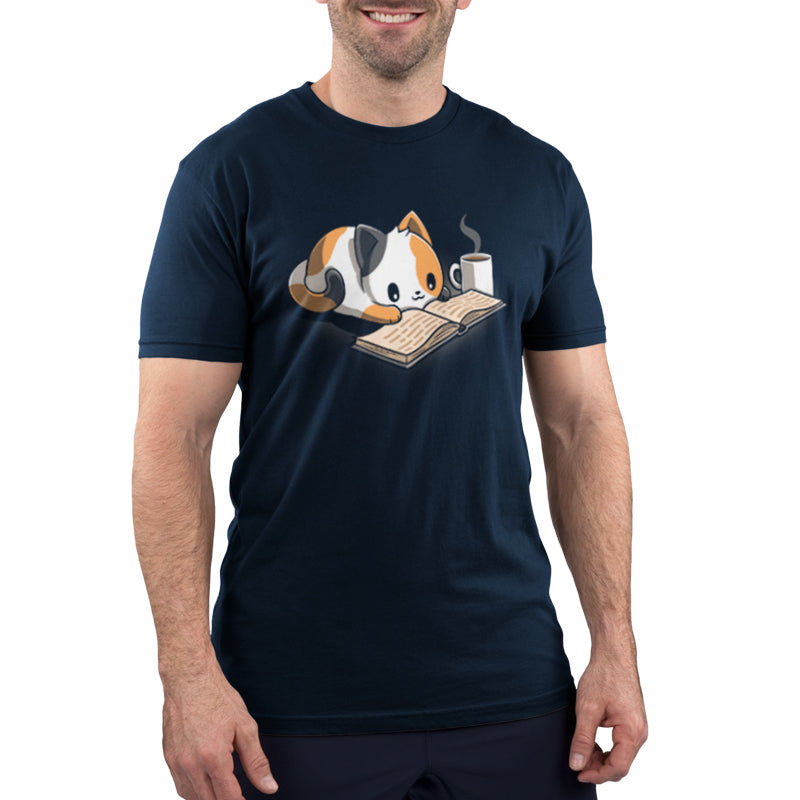 Premium Cotton T-shirt_TeeTurtle Coffee and a Good Book navy blue t-shirt featuring a calico cat laying next to a hot cup of coffee as it reads a book.