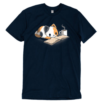 Premium Cotton T-shirt_TeeTurtle Coffee and a Good Book navy blue t-shirt featuring a calico cat laying next to a hot cup of coffee as it reads a book.