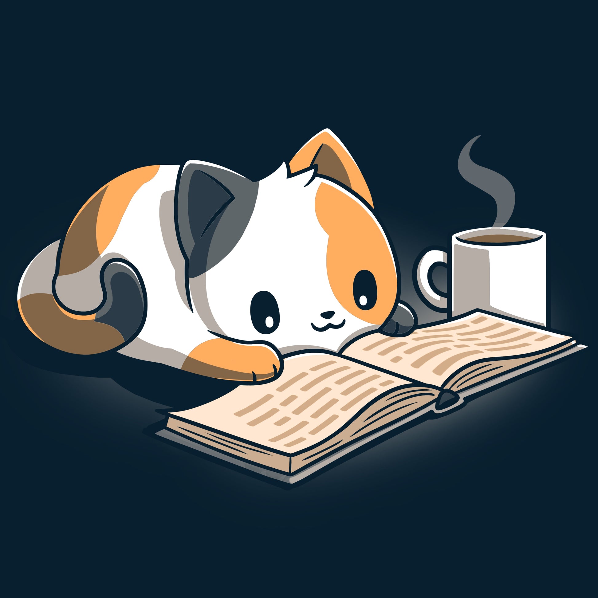 Premium Cotton T-shirt_TeeTurtle Coffee and a Good Book navy blue t-shirt featuring a calico cat laying next to a hot cup of coffee as it reads a book.