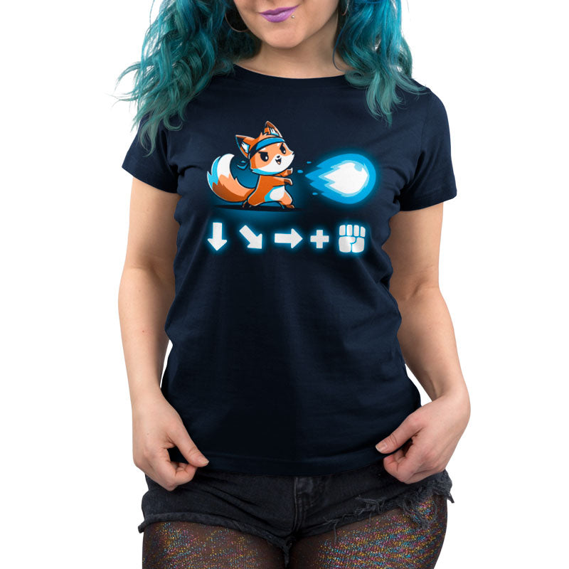 Premium Cotton T-shirt_Teeturtle Combo Attack navy blue t-shirt featuring a cute little fox wearing a headband firing off a Hadouken fireball with the game input command beneath.