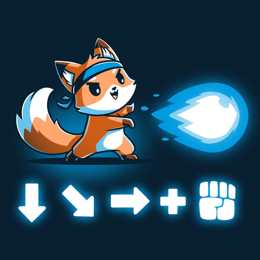 Premium Cotton T-shirt_Teeturtle Combo Attack navy blue t-shirt featuring a cute little fox wearing a headband firing off a Hadouken fireball with the game input command beneath.