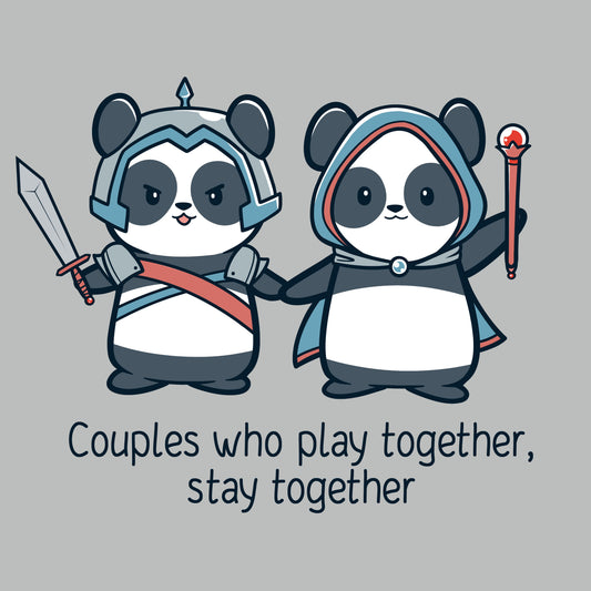 Premium Cotton T-shirt_TeeTurtle silver gray Couples Who Play Together Stay Together. Featuring a panda couple in fantasy outfits that stays together since they play together.