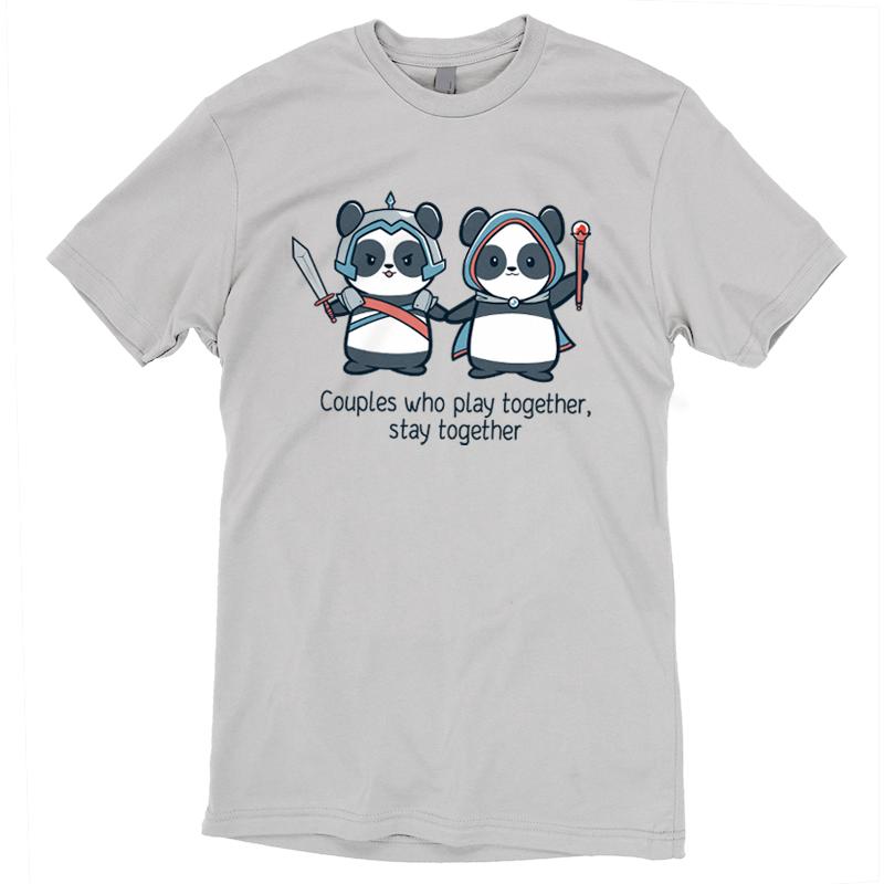 Premium Cotton T-shirt_TeeTurtle silver gray Couples Who Play Together Stay Together. Featuring a panda couple in fantasy outfits that stays together since they play together.