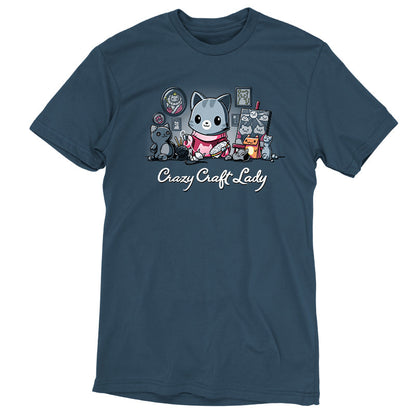 Premium Cotton T-shirt_TeeTurtle Crazy Craft Lady denim t-shirt featuring a cat enthusiastically working on various craft projects, surrounded by cat-themed items.