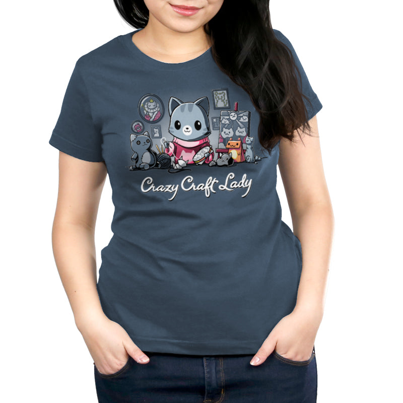 Premium Cotton T-shirt_TeeTurtle Crazy Craft Lady denim t-shirt featuring a cat enthusiastically working on various craft projects, surrounded by cat-themed items.