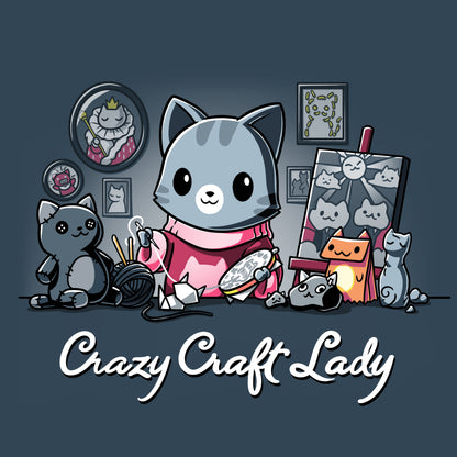 Premium Cotton T-shirt_TeeTurtle Crazy Craft Lady denim t-shirt featuring a cat enthusiastically working on various craft projects, surrounded by cat-themed items.