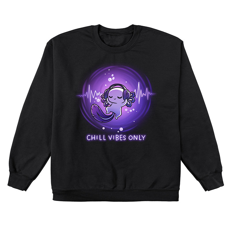 Crew Neck Sweatshirt_TeeTurtle black Chill Vibes Only apparel featuring a floating axolotl wearing a headset.