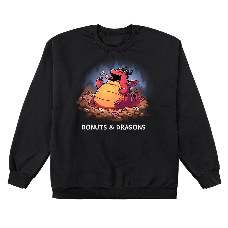 Crew Neck Sweatshirt_TeeTurtle black Donuts & Dragons apparel featuring a rotund dragon eating donuts on a pile of donuts inside a cave.