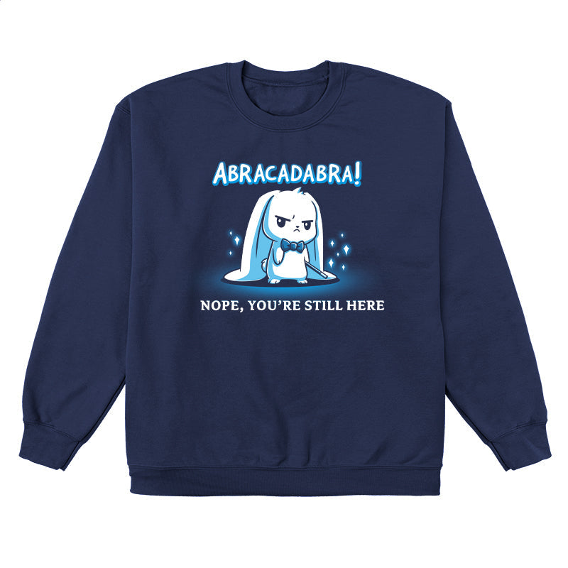 Crew Neck Sweatshirt_TeeTurtle Abracadabra navy blue design featuring a serious-looking white rabbit wearing a bow tie and holding a magic wand 