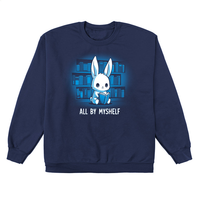 Crew Neck Sweatshirt_TeeTurtle All By MyShelf navy blue t-shirt featuring a cute white rabbit sitting in front of bookshelves, reading a book, with the text "All By MyShelf" written below.