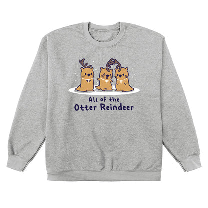 Crew Neck Sweatshirt_TeeTurtle All Of The Otter Reindeer heather gray design featuring otters dressed as Christmas reindeer.