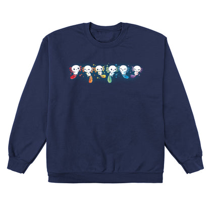 Crew Neck Sweatshirt_TeeTurtle navy blue Axolotl Rainbow. Featuring a row of white axolotls with fins in a rainbow-colored sequence.