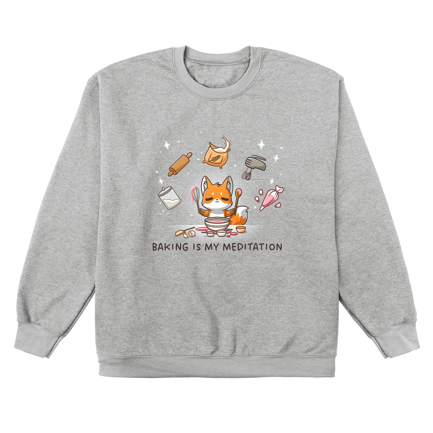 Crew Neck Sweatshirt_TeeTurtle heather gray Baking Is My Meditation sweatshirt featuring a peaceful fox in front of a bowl of batter holding baking tools with other baking tools floating around it in an arc.